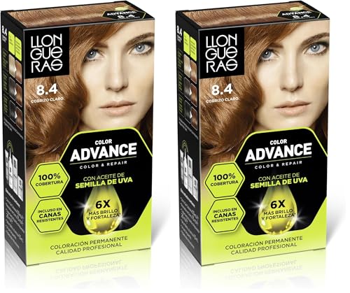 Llongueras Color Advance Tinte Pelo Mujer Coloración Permanente 100% Cobertura Incluso En Canas Resistentes - Tono 8.4 Cobrizo Claro (Paquete de 2)
