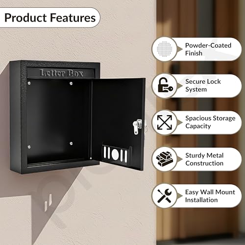 Image of Plantex Letter Box /GI Steel Post Box /Suggestion Box for Office Use with Key Lock /Letter Box for Home gate /Mail Box (Black) - Wall Mount - A4 Size