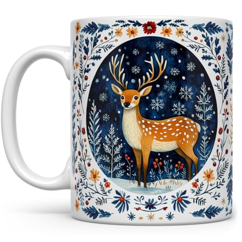 Loftipop Winter Woodland Nature Deer Ceramic Coffee Mug, Cute Whimsical Festive Christmas Holiday Gift Cup for Mom Daughter Friend Coworker Him Her (11oz)