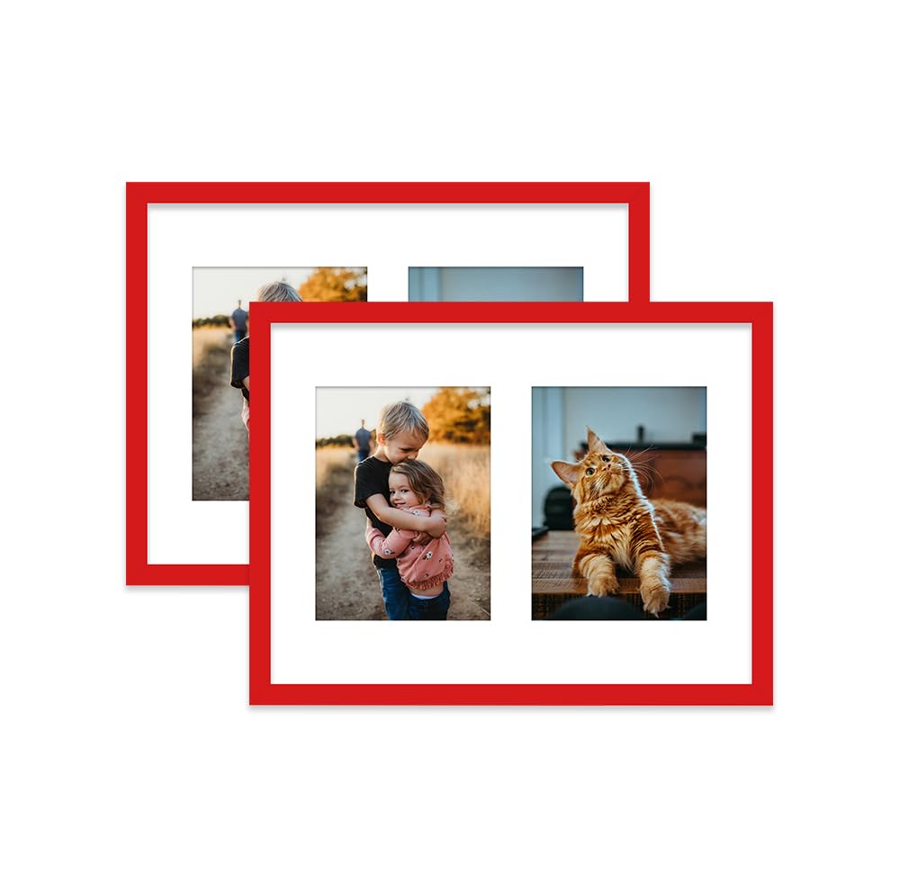 Red Multi Photo Frame - Holds 2 x 8x6 Pictures, Family Collage Picture Frame for Wall Display, 16x12 Frame size, Set of 2