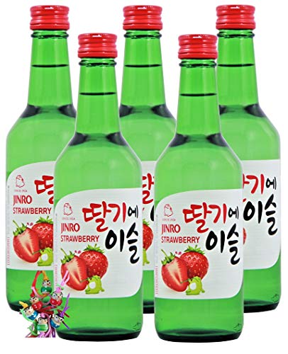 yoaxia ® Marke - 5er Pack - [ 5x 360ml ] HITEJINRO Soju Jinro Strawberry/Soju mit Erdbeergeschmack Alc. 13% vol. + ein kleiner Glücksanhänger gratis