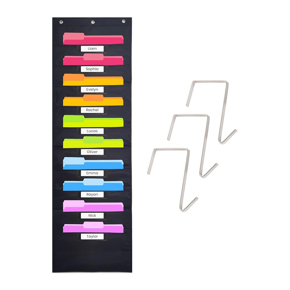 AMERTEER Pocket Chart Organizer With 10 Pockets, Hanging Wall File Organizer, Hanging Folders Wall Storage Pocket Charts With Hangers For Wall, Classroom, School, Home Office (10 Nametag Pocket)-BLACK