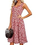 II ININ Women's Summer Midi Sundress V Neck Sleeveless Button Floral Beach Vacation Tank Dress Pockets(Floral-Red,L)