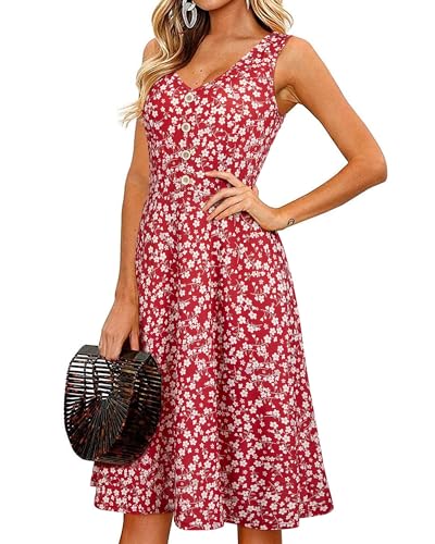 II ININ Women's Summer Midi Sundress V Neck Sleeveless Button Floral Beach Vacation Tank Dress with Pockets, Floral-Red, L