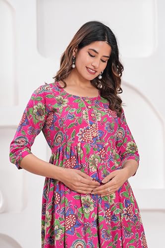 Image of Women's Feeding Kurta Cotton | Floral Anarkali Pregnancy Kurta with Nursing Zipper | Pre & Post Partum | Maternity Dresses | Mom to Be Gift