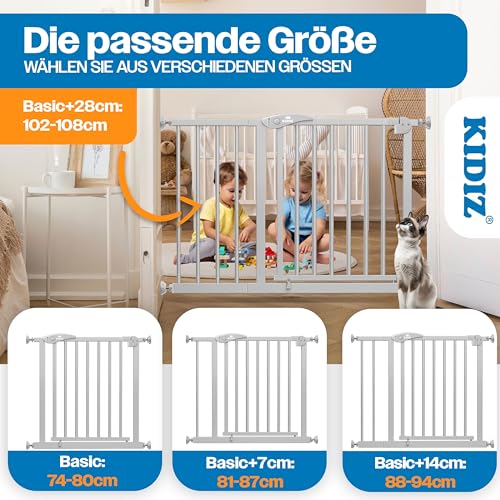KIDIZ Treppenschutzgitter ohne Bohren | Verstellbare Breite: 74-80 cm, 75 cm hoch, Türschutzgitter und Absperrgitter für Kinder und Hunde, Beidseitige Einhand Öffnung, 90° Open-Stop System, Grau