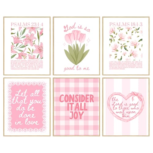 Pink Bible Verse Wall Art Set of 6 Religious Preppy Wall Decor Christian Floral Room Decor for Girls Scripture Cute Posters for Bedroom Christian Paintings Jesus Canvas Print 8x10 Inch Unframed