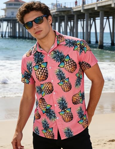 Mens Hawaiian Shirts Pineapple Short Sleeve Button-Down Shirt Pink Funny Casual Tropical Fruit Print Festival Holiday Beach Tees