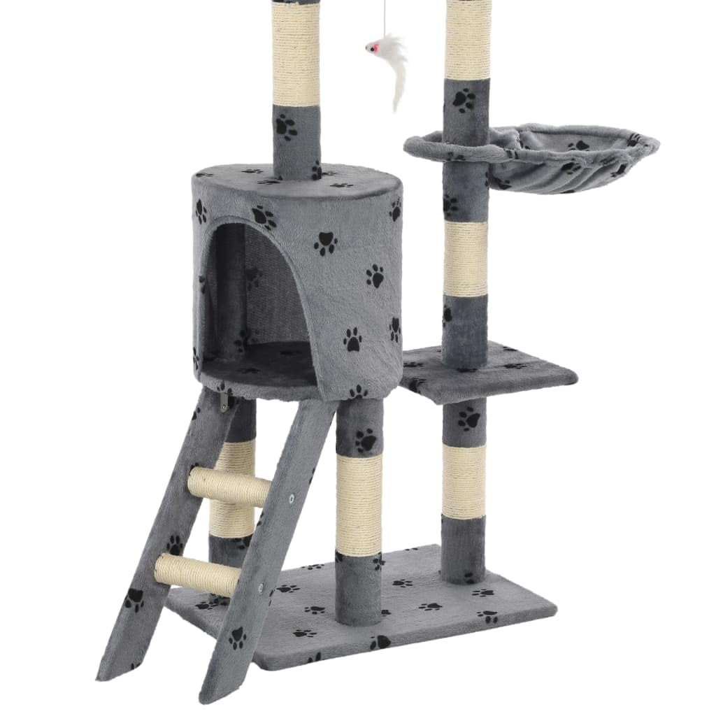 Katzen-Kratzbaum Sisal 138 cm Grau mit Pfoten-Aufdruck, Kratzmöbel mit Höhle, Liegefläche und Plattform, inklusive 3 Spielzeugen, ideal zum Klettern, Kratzen