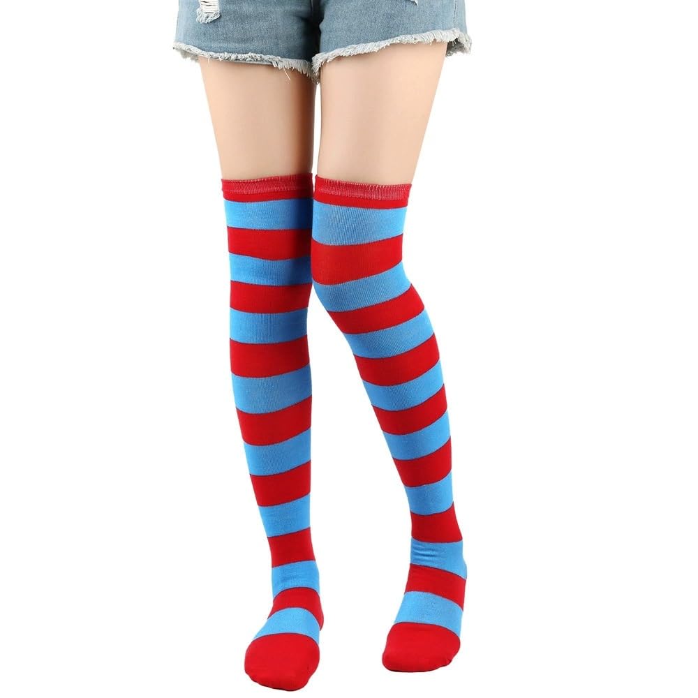 Bestjybt Women Striped Thigh High Socks Over Knee Socks Knee High Costume Stockings Leg Warmers: One Size Red Blue