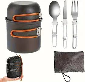 Conjunto de panela e panela de acampamento antiaderente, panelas de acampamento portáteis com talheres dobráveis, equipamento de cozinha multifuncional para pessoas ao ar livre para caminhadas