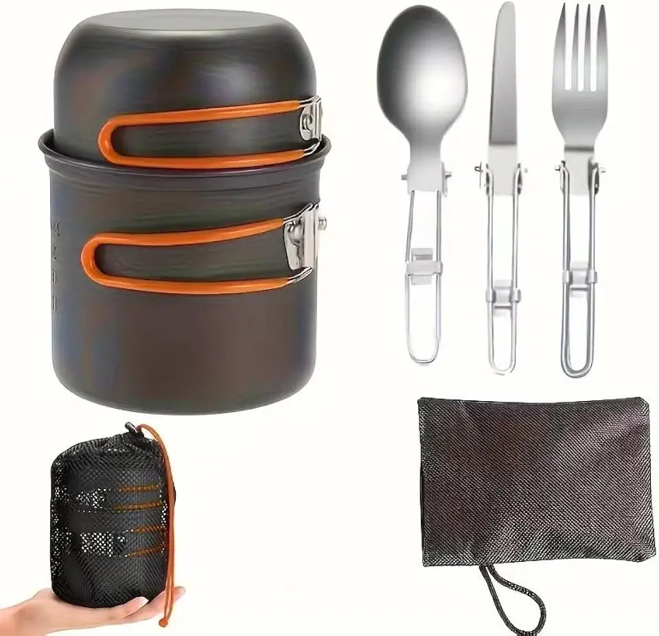 Conjunto de panela e panela de acampamento antiaderente, panelas de acampamento portáteis com talheres dobráveis, equipamento de cozinha multifuncional para pessoas ao ar livre para caminhadas