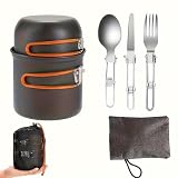 Conjunto de panela e panela de acampamento antiaderente, panelas de acampamento portáteis com talheres dobráveis, equipamento de cozinha multifuncional para pessoas ao ar livre para caminhadas