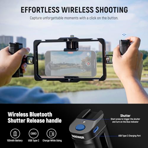 Image of NEEWER Universal Phone Cage Video Rig with Bluetooth Shutter Side Handle Comfort Grips, Smartphone Stabilizer for Video Recording Compatible with iPhone 15 Pro Max 15 Pro Galaxy S24 Ultra, PA009E