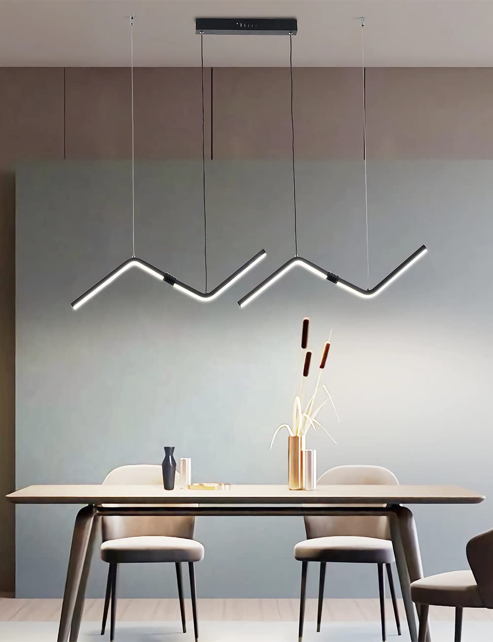 Modern LED Pendant Lamp Dining Room Dimmable With Remote Control Z-Shaped Waves Kitchen Island Lights Dining Table Height Adjustable Pendant Metal Ceiling Hanging Lamp Chandelier (Black, L120cm)