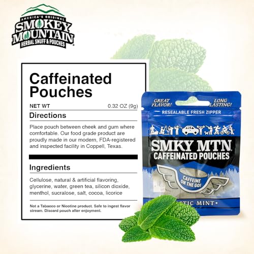Image of SMOKEY MOUNTAIN Caffeinated Pouches - Arctic Mint - Tobacco Free and Nicotine Free - 15 Pouches Per Pack - 5 Packs