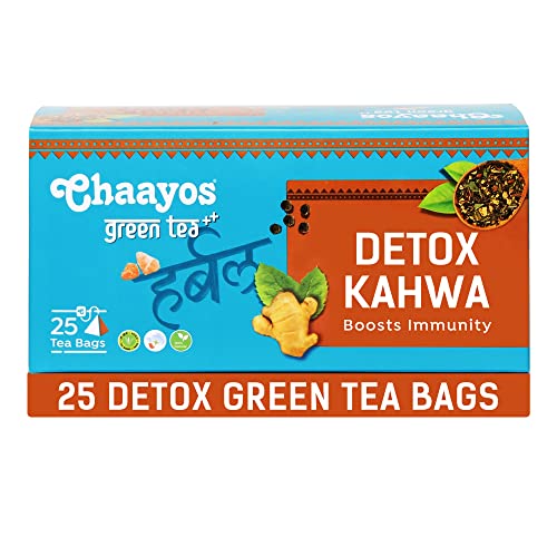 Chaayos Detox Green Tea Desi Kahwa - 25 Tea Bags | Spicy Kashmiri Kahwa Tea | Detox Green Tea | Herbal Tea Bags for Weight Loss | Contains 100% Natural Himalayan Pink Salt and Spices | Green Tea for Weight Loss and Digestion