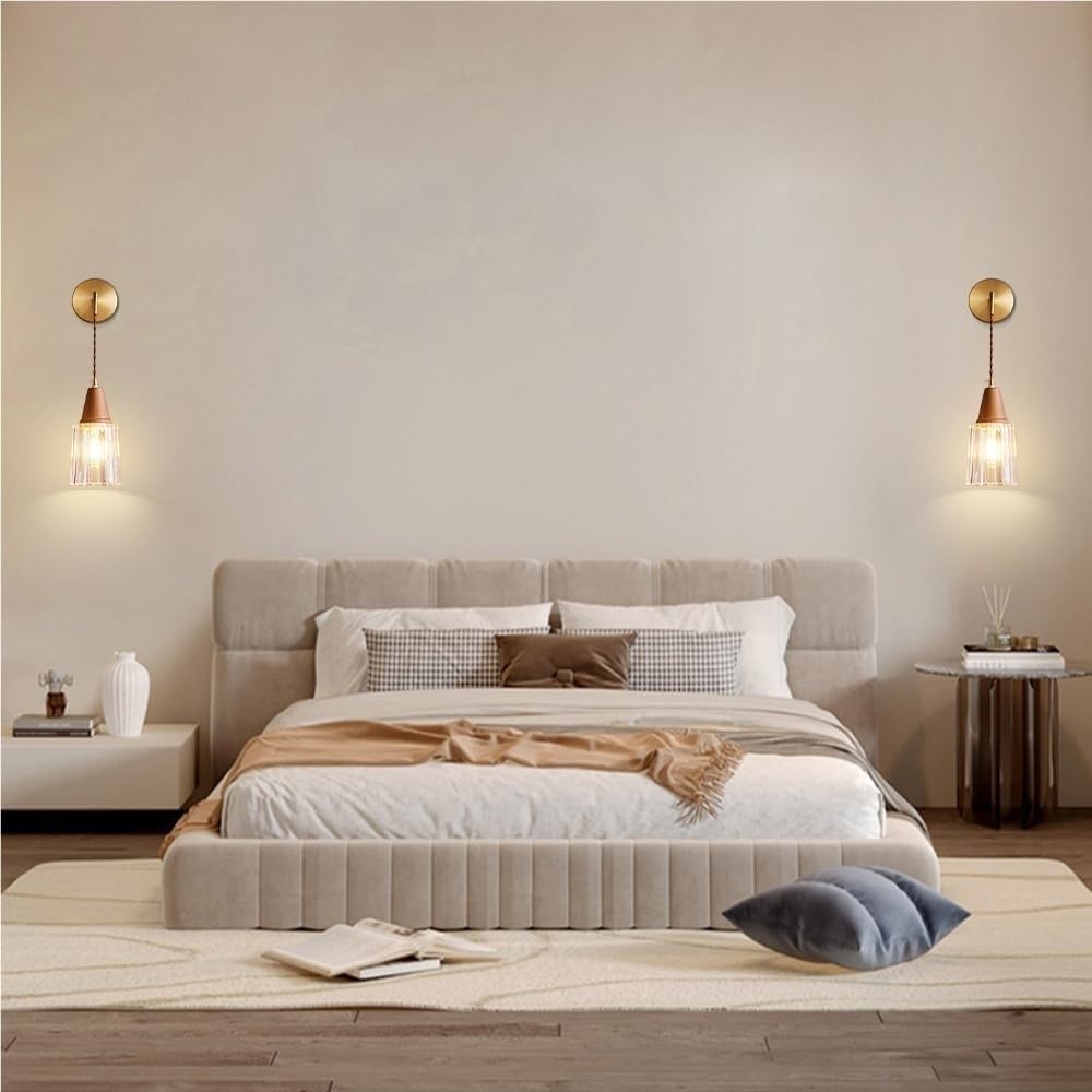 Applique da Parete retrò in Legno di Noce con Paralume in Vetro, Applique da Parete in Ottone con Filo di Sospensione per Camera da Letto, Cucina, Isola, Sala da Pranzo, corridoio, Lampada da Par