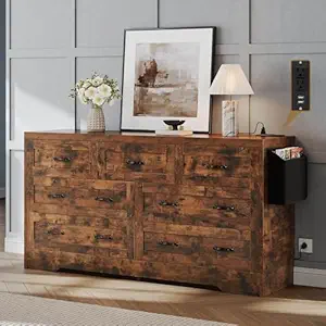 DWVO Farmhouse 7 Drawer Dresser for Bedroom, 60 Inch Large Modern Dresser TV Stand with Drawers & Bar Handles, Storage Dressers with Power Outlets, Rustic Wood Chest of Drawers, Rustic Brown Upgraged