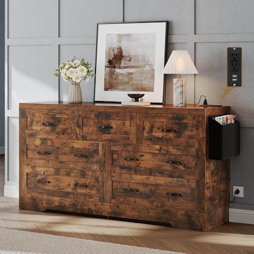 DWVO Farmhouse 6 Drawer Dresser for Bedroom, 59" Wide Modern Dresser TV Stand with Large Drawers & Bar Handles, Storage Dressers with Power Outlets, Rustic Wood Chest of Drawers, Rustic Brown