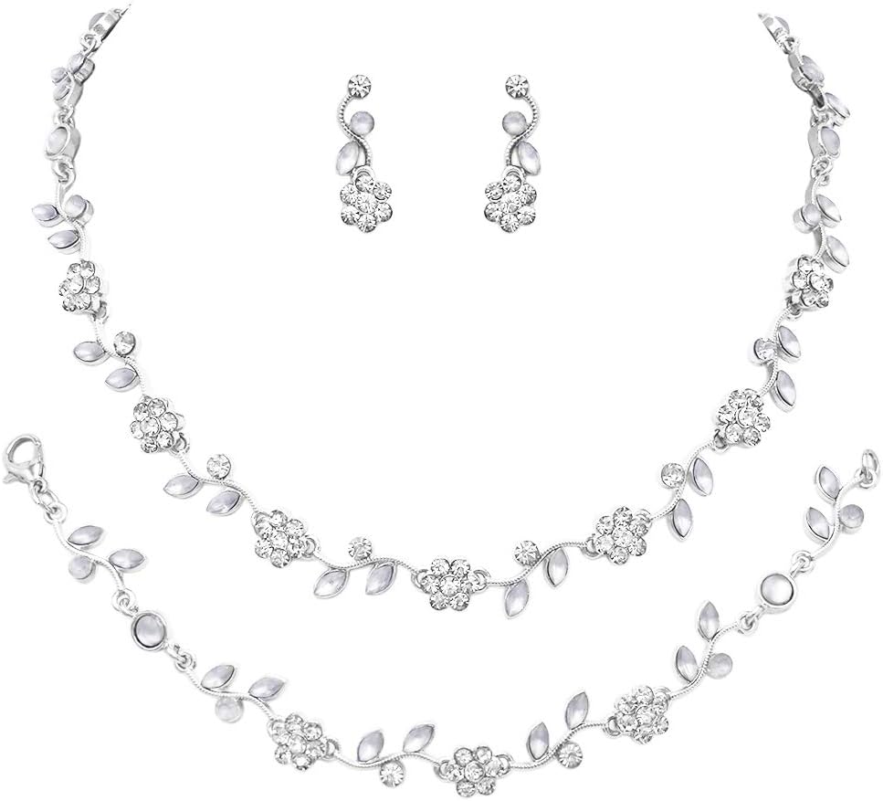 Rosemarie & Jubalee Women's Stunning 3 Piece Metal Vine Crystal Flower Choker Necklace Dangle Earrings Bracelet Bridal Set, 14"-17" with 3" Extender Silver Tone