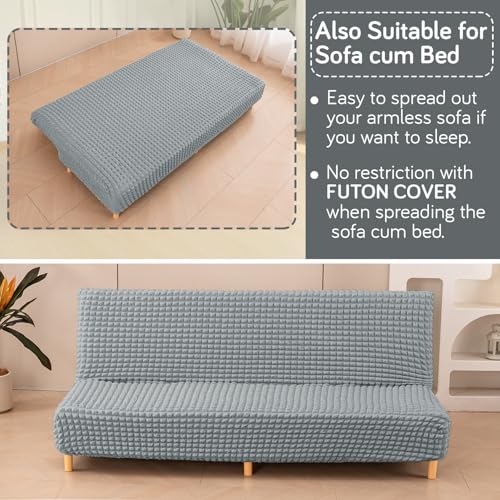 Image of HOKIPO Armless Sofa Cover for Sofa Cum Bed, 280 GSM Stretchable Elastic Futon Slipcover, 'Aria Nova' (Large) Light Grey (AR-6703-LGRY)
