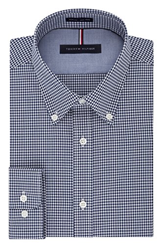Tommy Hilfiger mens Slim Fit Non Iron Gingham Dress Shirt, Navy, 16.5 Neck 34 -35 Sleeve Large US