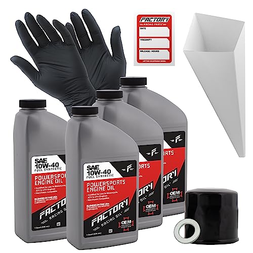 Factory Racing Parts Oil Change Kit compatible with Honda CBR600 CB750 VFR800 CB1000R CBR1000 –Includes 4 Quarts of 10W-40 Full Synthetic Oil, 1 Filter, 1 Crush Washer, 1 Funnel, 1 Oil Change Sticker