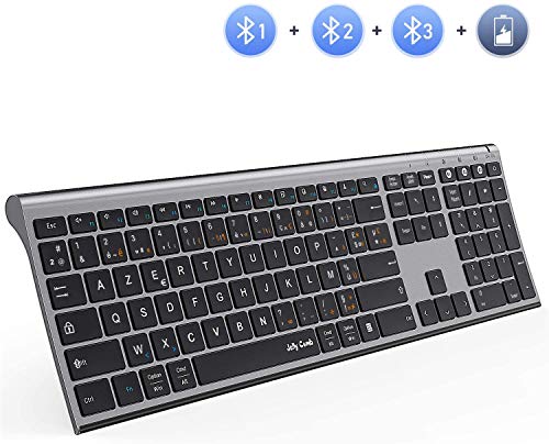 Jelly Comb Clavier sans Fil Ultra-Mince avec 3 Canal Bluetooth Clavier AZERTY Rechargeable à Pleine Taille pour PC, Tablette, téléphone Mobile, Ipad, Windows, iOS, Mac OS