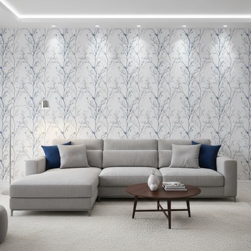 Image of Hotegxa Blue & Grey Tree Branch Pattern Wallpaper | Self-Adhesive Peel & Stick Wall Decor Sheet | Waterproof PVC Wall Sticker for Living Room, Bedroom & Home (45x300 cm)