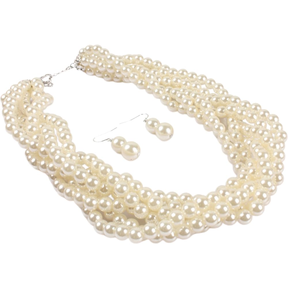 Generic1920s Multi Strand Twisted Beads Cluster Choker Necklace with Earrings Faux Pearl Braided Statement Necklace for Women