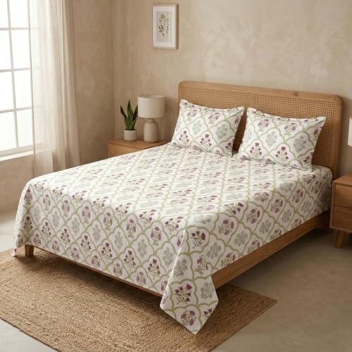 Image of HOMEMONDE King Size Bedsheet | Cotton Flat Sheet with Two Pillow Cover | 186 TC |Floral Design| All-Season Soft Bedsheet for King Bed (108 x 108 Inch /274 x 274 cm, Spring Buds Pink)