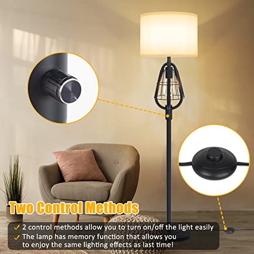 Farmhouse Floor Lamp With Night Light - Modern Standing Lamp For Living Room, 2-Light Industrial Tall Lamp With White Drum Shade, Black Pole Light & Stand Up Lamp For Bedroom Office,Home, Reading #TOP3