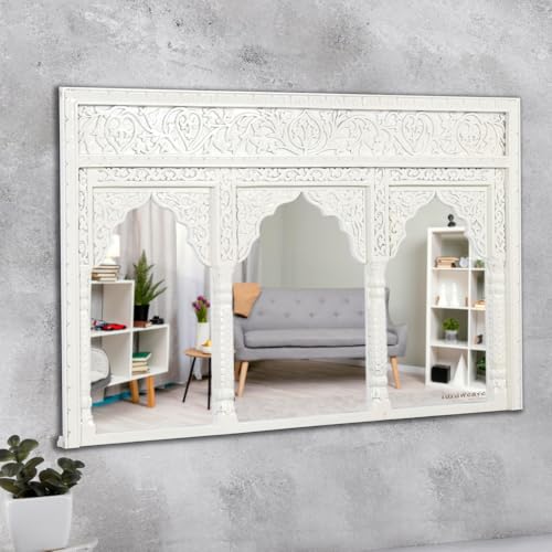 Image of JAE Furniture Kani Wooden Carved Mirror Full Length | Handcrafted Three Arch Long Mirror for Living Room, Wall Decoration, Entryway | Vintage Decorative Solid Wood Wall Mirror Frame | White Distress