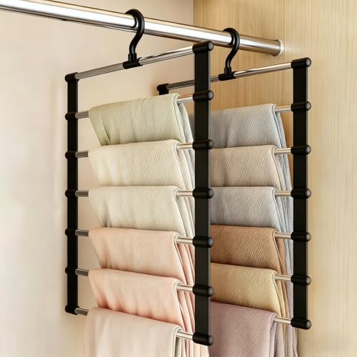 VirtuGro 2 Pack Trouser Hangers Space Saving Black Metal Coat Pants Hangers 360 Rotatable 6-Tier Stainless Steel Multi Jeans Hanger Closet Organizer for Wardrobe Towel Ties Belt Scarf Clothes Skirt