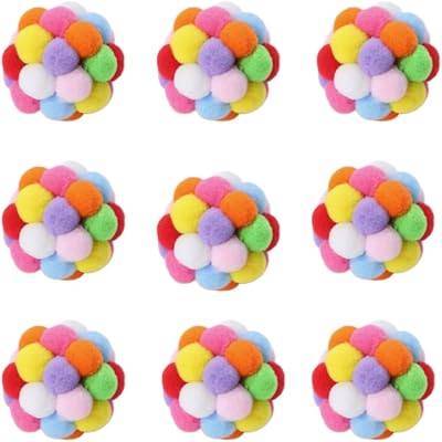 9PCS Cat Pom Pom Balls, 1.8 inch Colorful Fuzzy Cat Toys with Bells Interactive Kitten Chew Toys Teething to Keep Busy