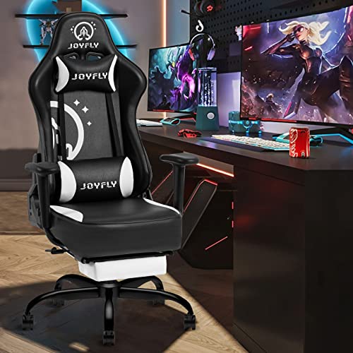 Joyfly Gaming Chair, Gamer Chair Ergonomic Gaming Chair With Footrest, High Back Gaming Chairs For Adults Racing Style Pc Computer Office Chair With Headrest & Lumbar Support, 350Lbs, Black-White #TOP1