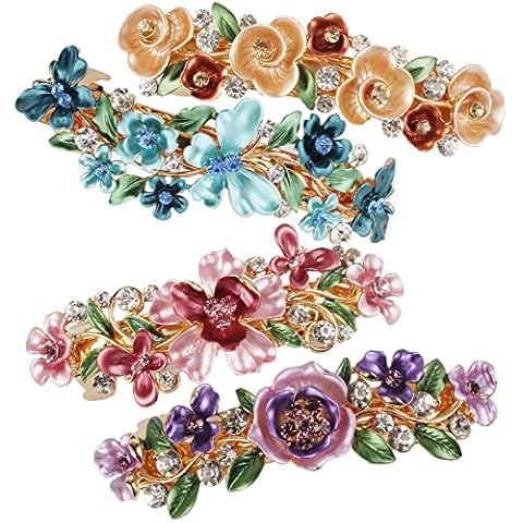 Hair Clips Women, 4Pcs Hair Slides for Thick Hair, Colorful Vintage Butterfly& Flower Rhinestones Metal Barrette Hair Accessories Cover