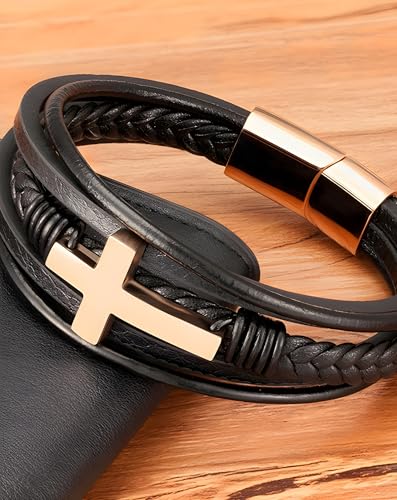 Pulsera de cuero trenzada para hombre con cruz y cierre metálico miniatura 7