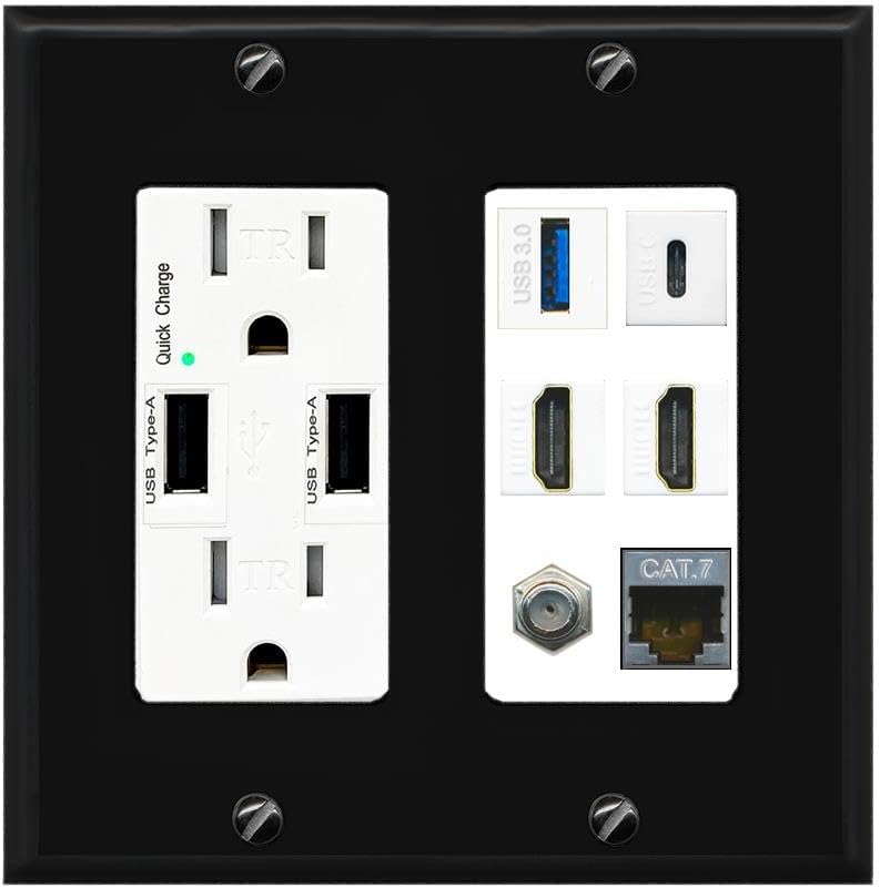 RiteAV USB 3 USB C 2 HDMI Coax Cat7 Wall Plate - USB Charger Outlet [Black/Black]