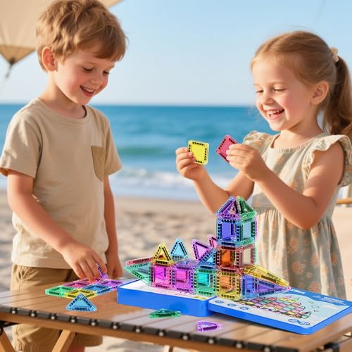 Magnetische Bausteine Reisespielzeug, 60-teiliges Magnetische Tiles Reiseset mit Eisenbox, Kreativität MINI Magnetic Fliesen Sensorisches Spielzeug Geburtstag Geschenk für Kinder 3 4 5 6 Jahren