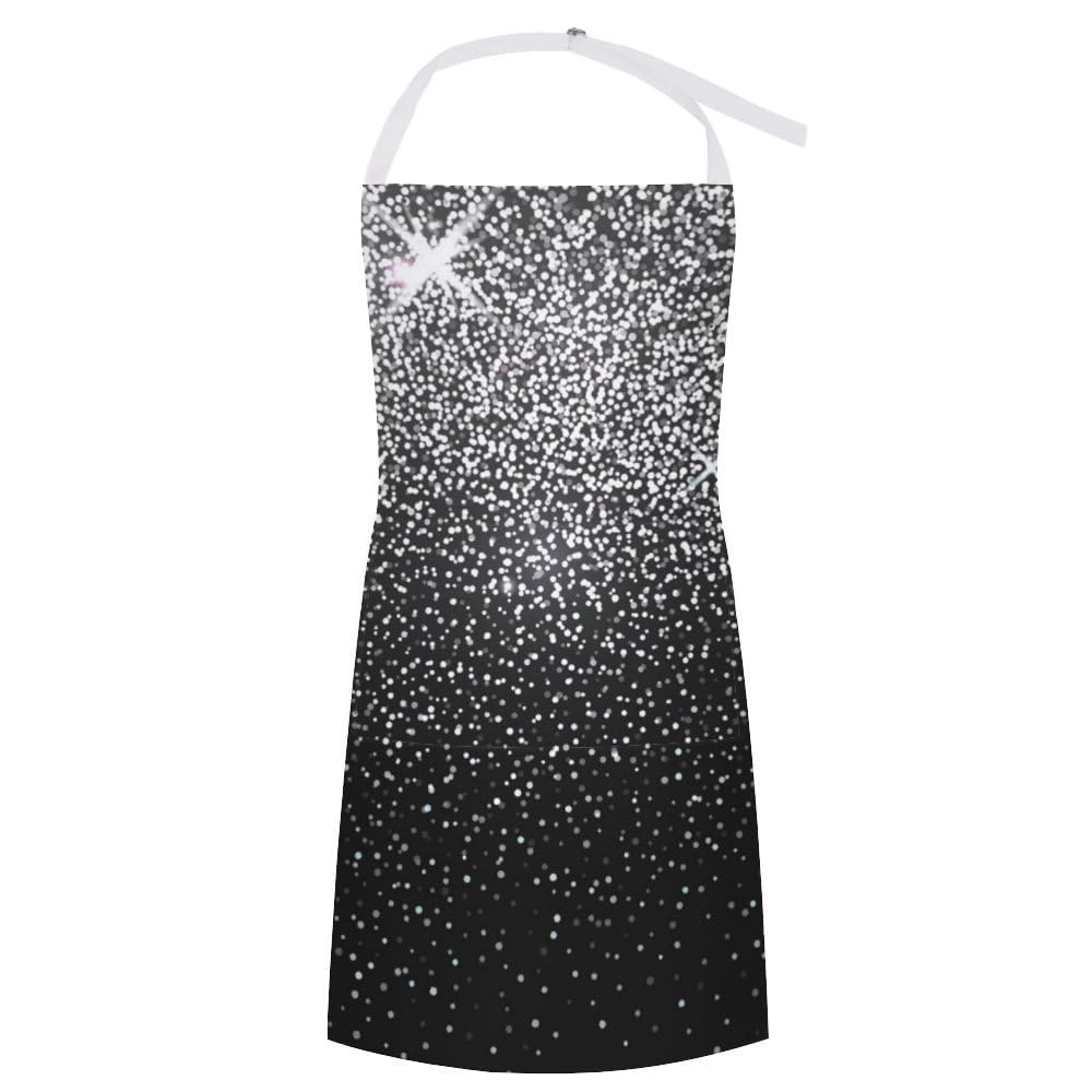 CTOITLKF Chefs Apron, Shiny Silver Glitter Apron, Adjustable Bib Apron Unisex for Kitchen, Restaurant