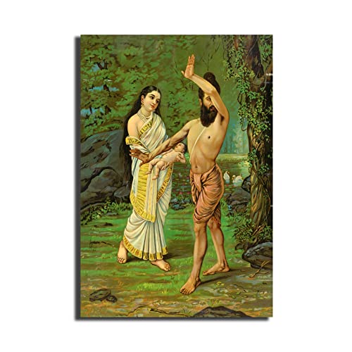 Image of Sikhash Raja Ravi Varma Canvas Painting - Classic Art, Indian Art, Mahabharata - Birth of Shakuntala, 12x8 inches (30x20 cm), Unframed, Multicolor, Living Room Wall Art