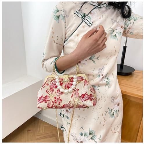 Image of Pearl Evening Bag for Women Lily Pattern Vintage Embroidered Floral Clutch Purse Evening Handbag Shoulder Crossbody Bags
