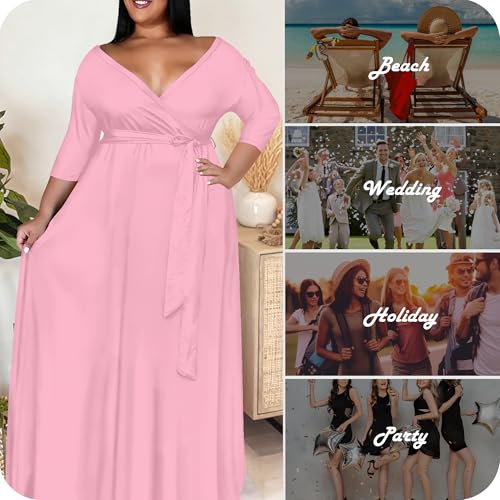 Image of Nmoder Plus Size Maxi Dress for Women - Summer Casual 3 /4 Sleeve Floral Flowy Long Dress with Belt XL- 6XL