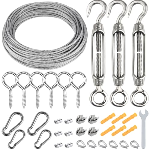 Morcheiong 37 Pcs 304 Stainless Steel Garden Wire Rope Kit M5 Turnbuckle Tensioner 15m 2mm Steel Garden Wire Cable Eye Bolts for Climbing Plants