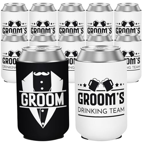 12 Pack Bachelor Party Can Coolers with Groom Squad Design, Insulated Neoprene Beer Sleeves for Men, Black & White Reusable Drink Holders Groomsmen Gifts