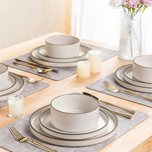 LeRatio Geschirrset für 6 Personen, 18-tlg Steingut Geschirr Set, Keramik Kratzfestes- Schüssel- und Teller-Set (Weißer Rauch-Schwarzer Rand, 18 Teile Set)