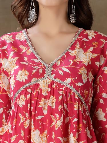 Image of Stylum Women's Floral Printed Cotton Pleated Kurta Palazzo Dupatta Set