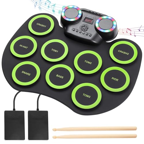 Electronic Drum Set 9Pads with LED Lights, Bluetooth Electronic Drum, Roll-Up Drum Pad, Built-in Dual Speakers, Headphone, Holiday Birthday Gift for Kids Adults